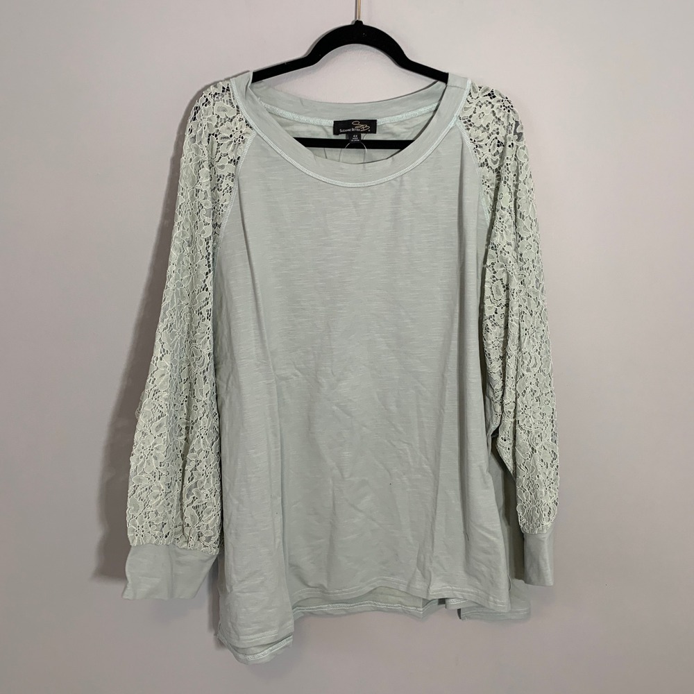 NEW Suzanne Betro Womens 4X Light Blue Lace Sleeve‎ Raglan Sweatshirt